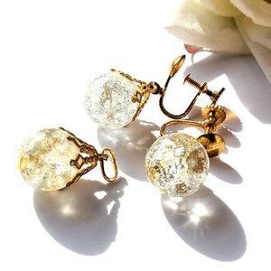 Vintage Crackle Glass Screw Back Earring & Pendant Set Estate Gold-Tone